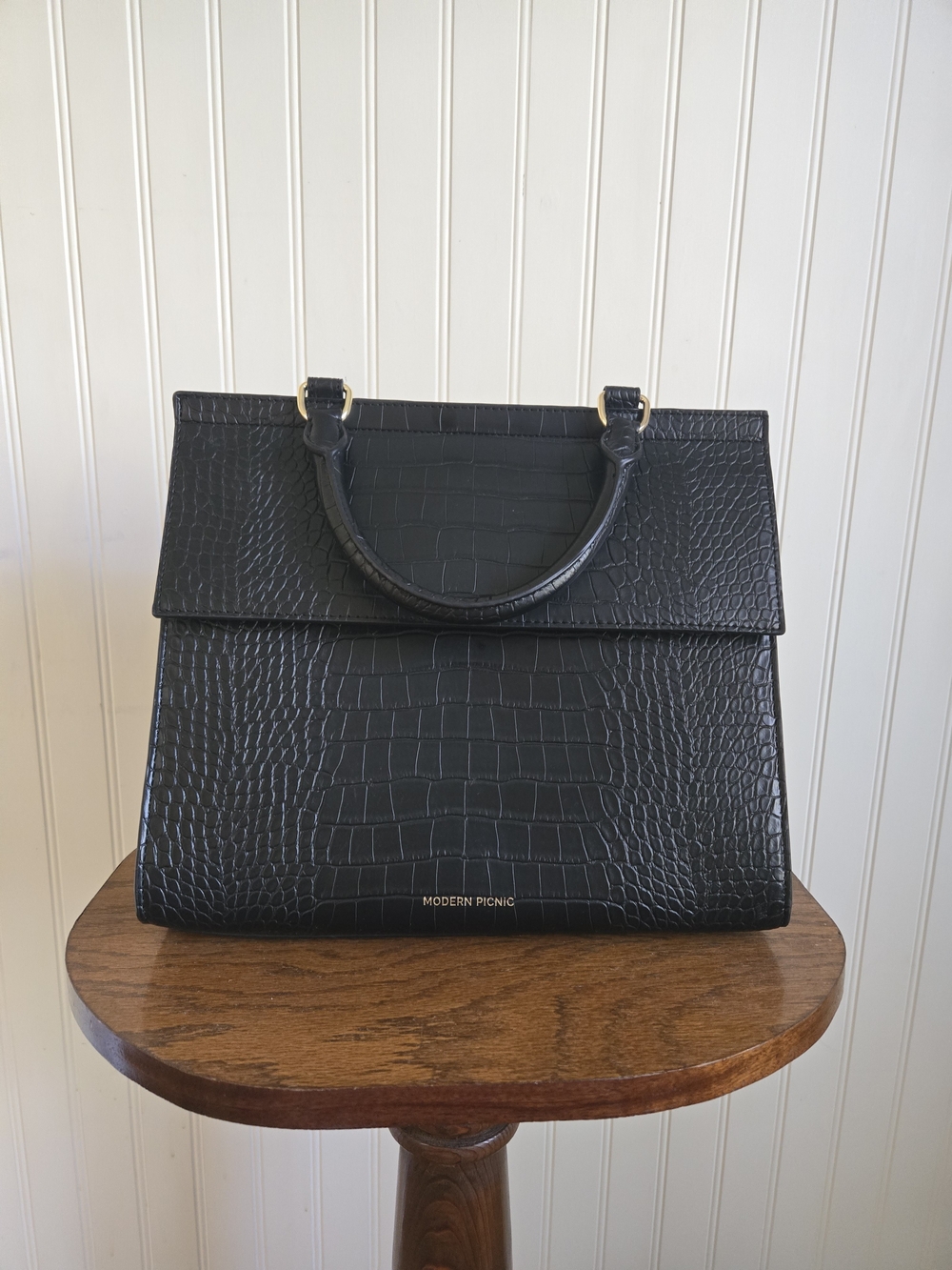 Modern Picnic Black Croc-Embossed Top-Handle Tote
